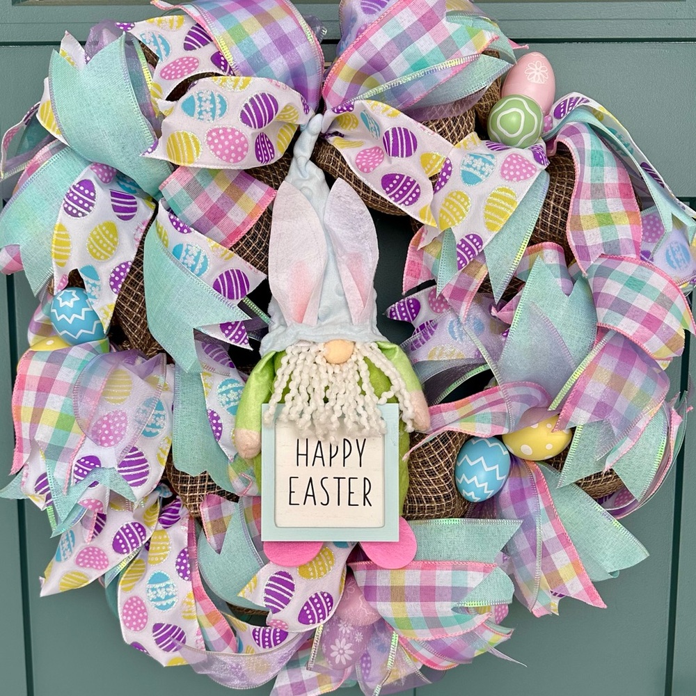 Easter Gnome Spring Wreath Handmade Mesh and Ribbon 24 inch Holiday Decor